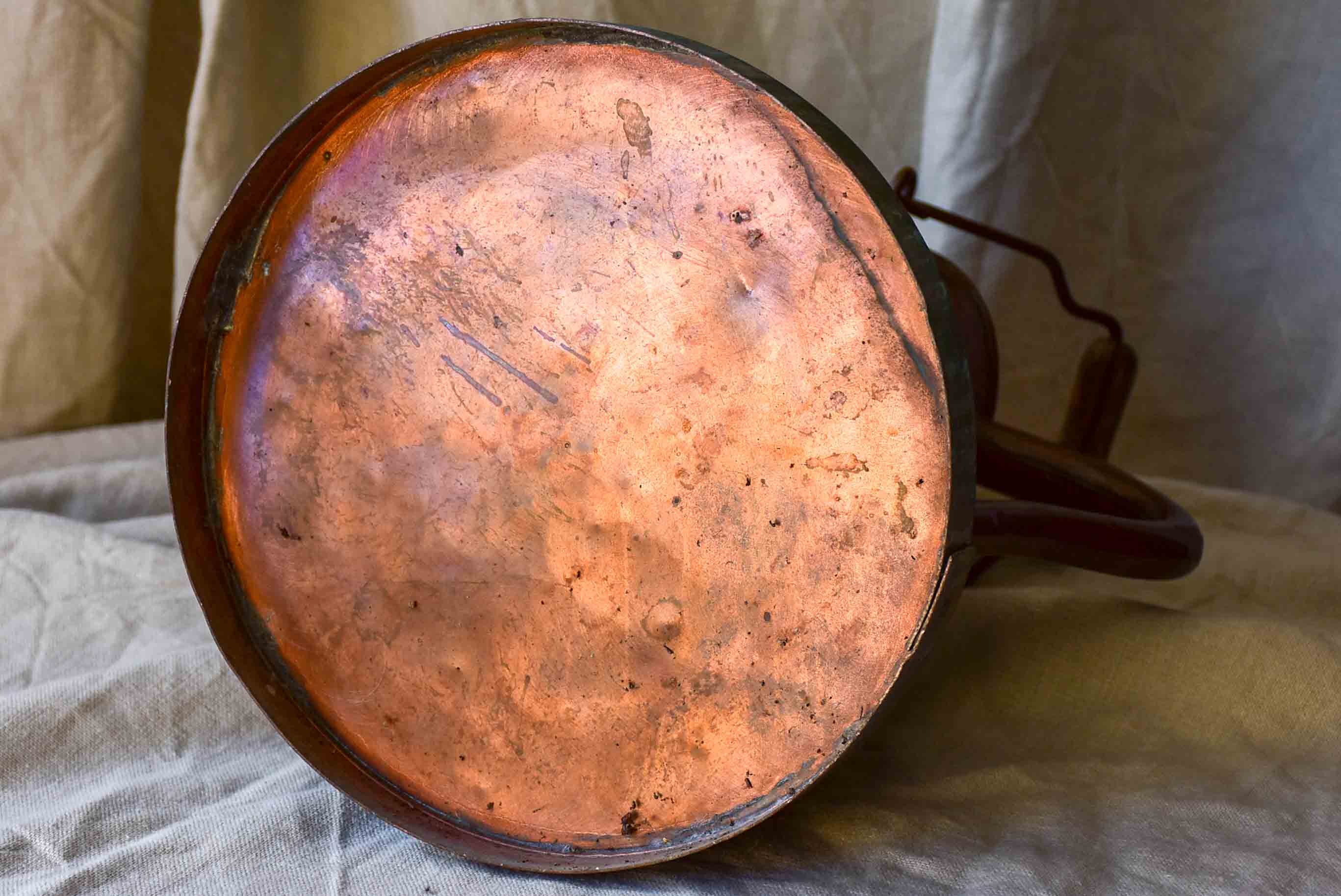 Antique French copper water pitcher with wooden handle