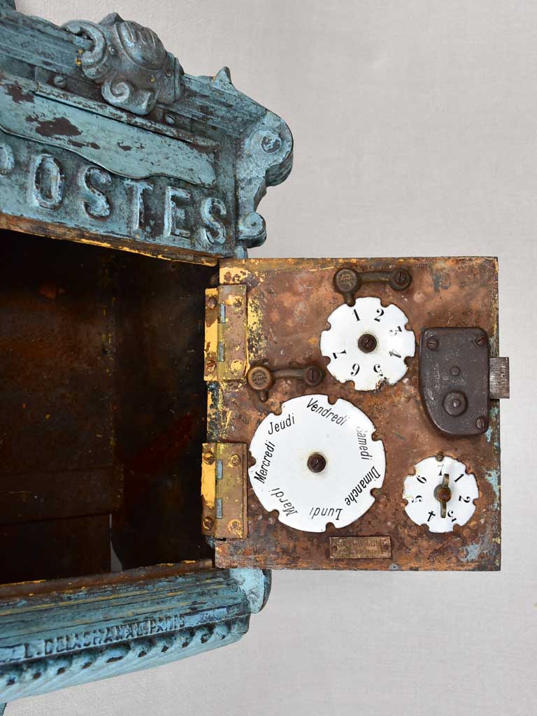 Early 20th-century dated French post box with light blue patina ' Mougeotte' 13½" x 25½"