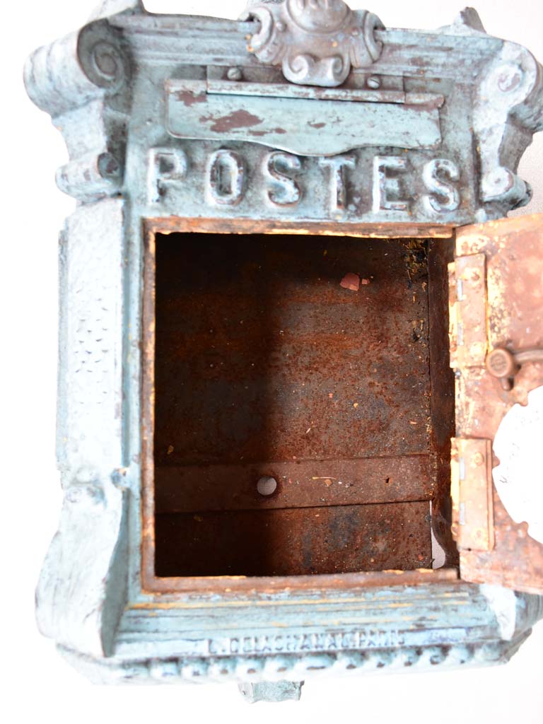 Early 20th-century dated French post box with light blue patina ' Mougeotte' 13½" x 25½"