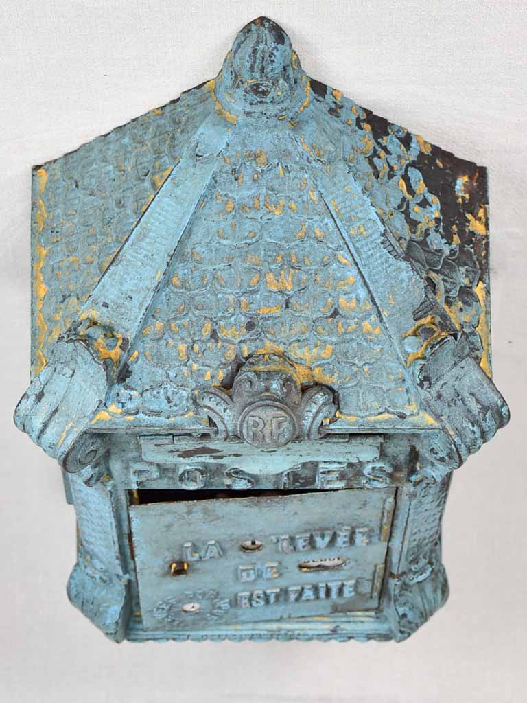 Early 20th-century dated French post box with light blue patina ' Mougeotte' 13½" x 25½"