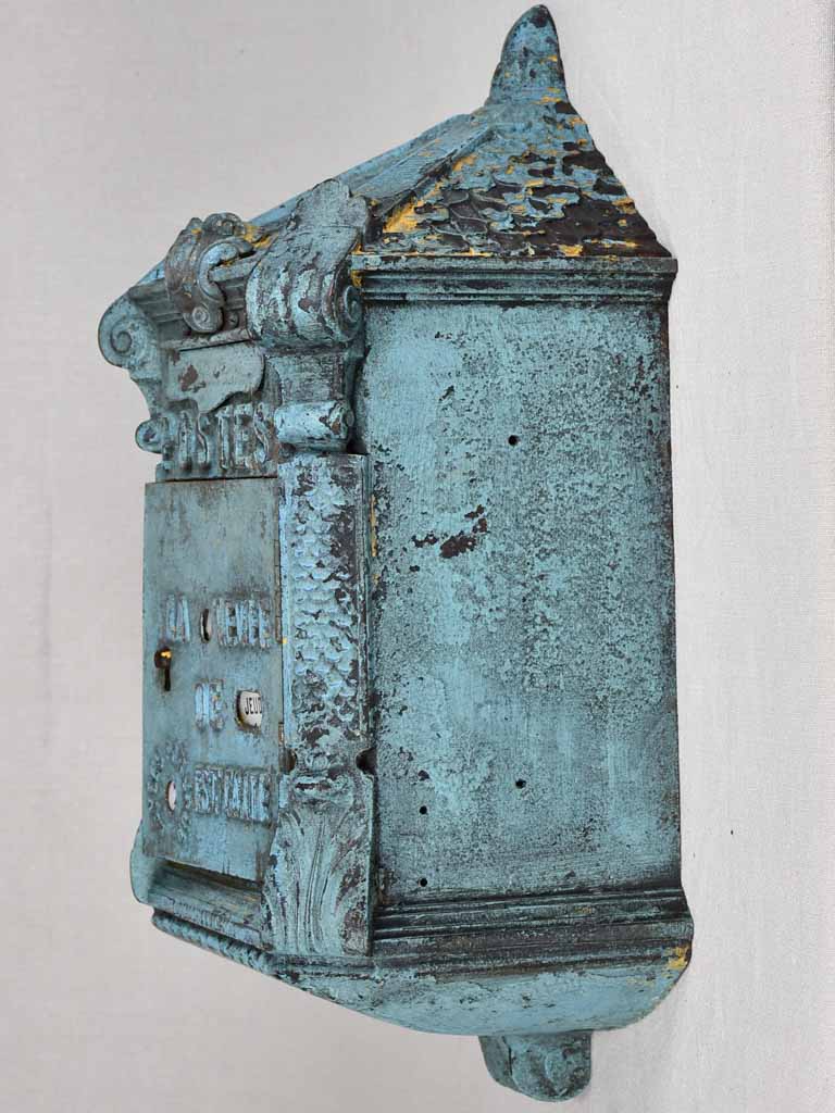 Early 20th-century dated French post box with light blue patina ' Mougeotte' 13½" x 25½"