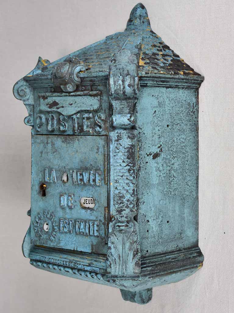 Early 20th-century dated French post box with light blue patina ' Mougeotte' 13½" x 25½"