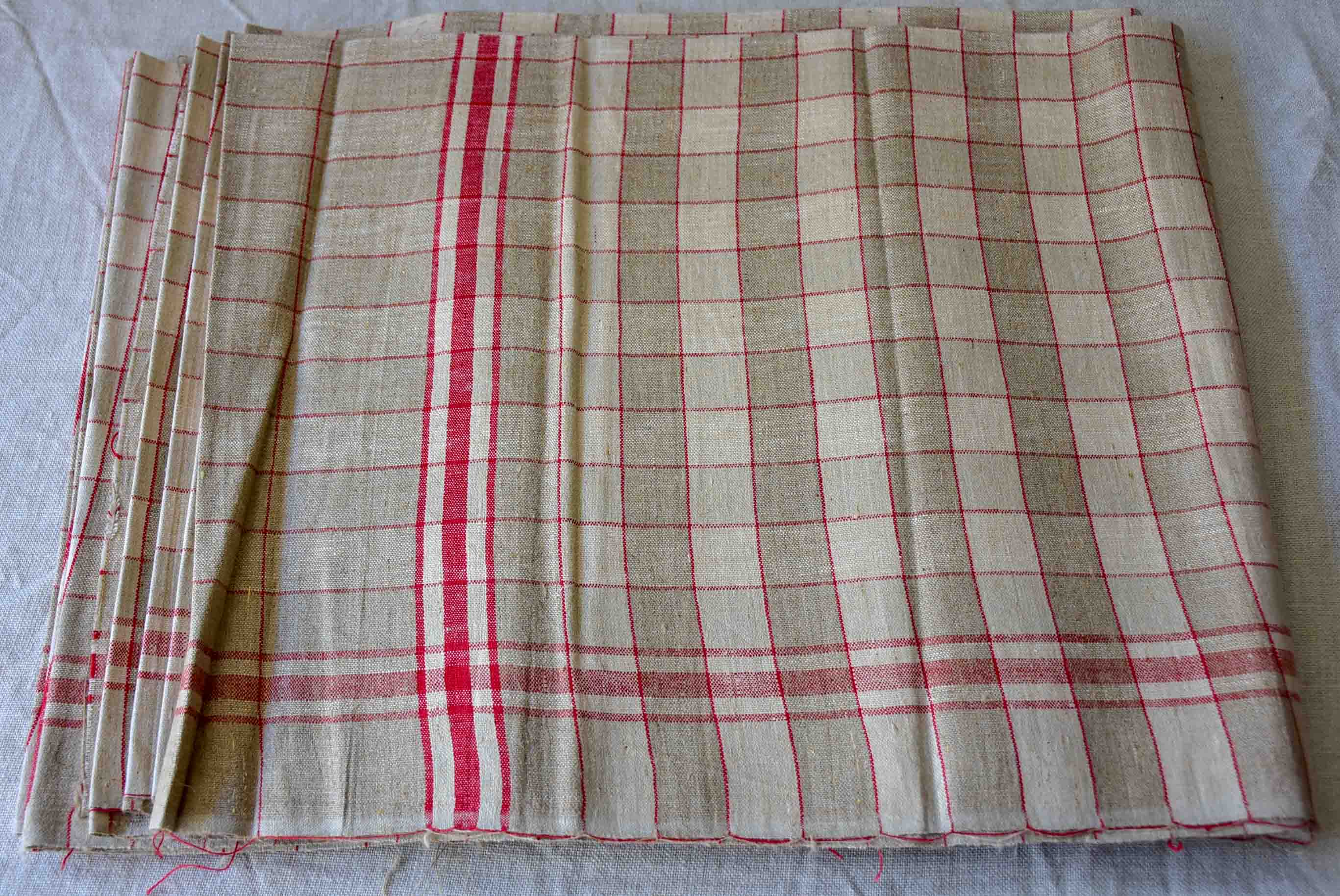 Large piece of unused French antique linen - chequered fabric