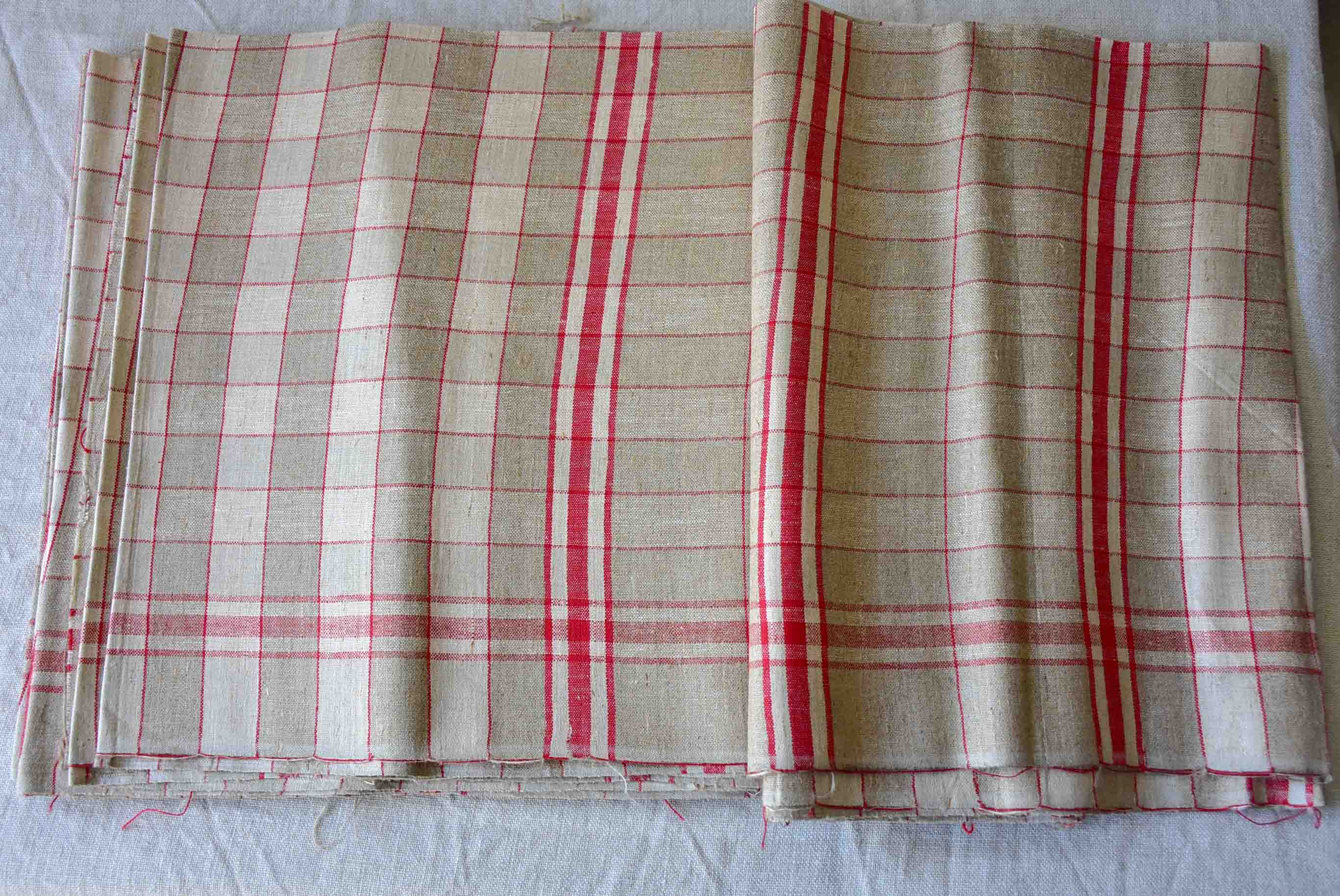 Large piece of unused French antique linen - chequered fabric