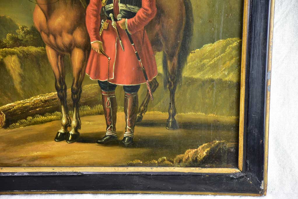 Rare pair of oil on tole paintings of military men on horseback 18" x 15¼"