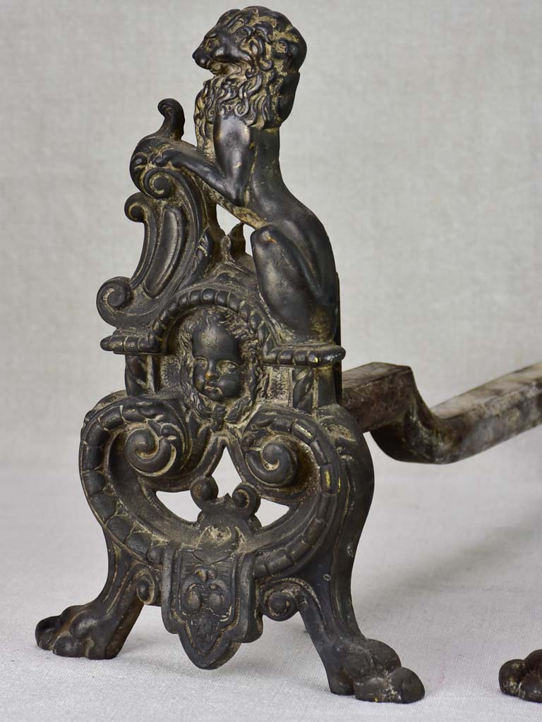 18th-century decorative lion motif andirons