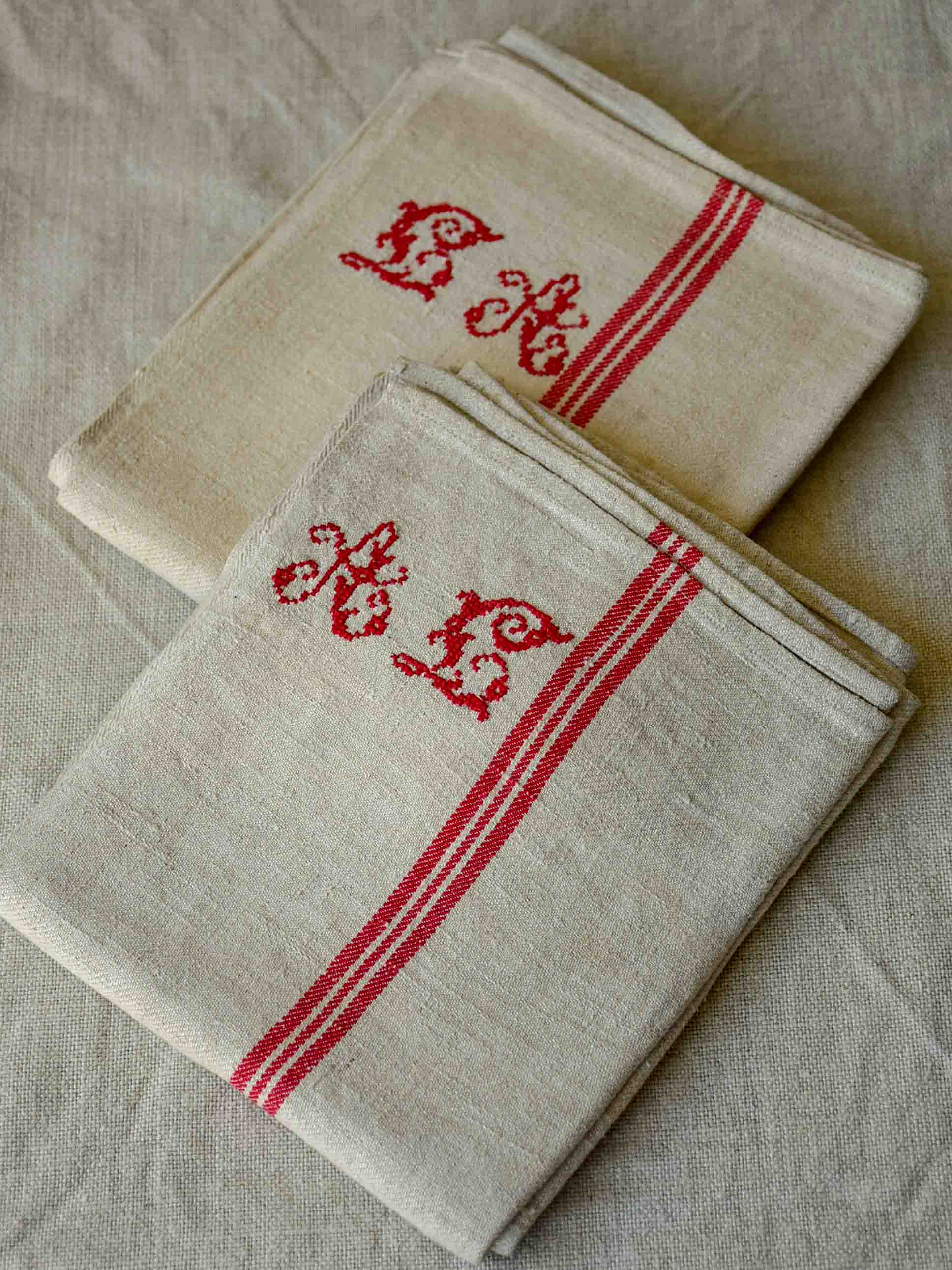 Antique French tea towels with LA and AL monogram