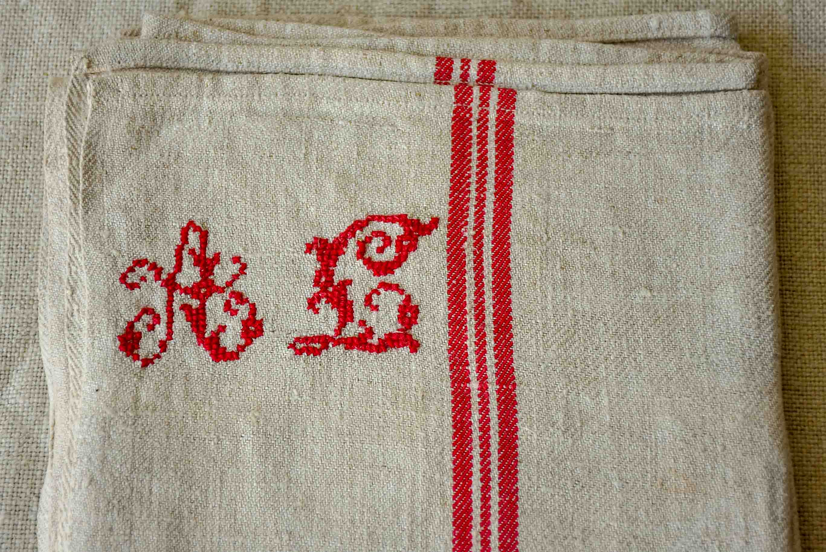 Antique French tea towels with LA and AL monogram