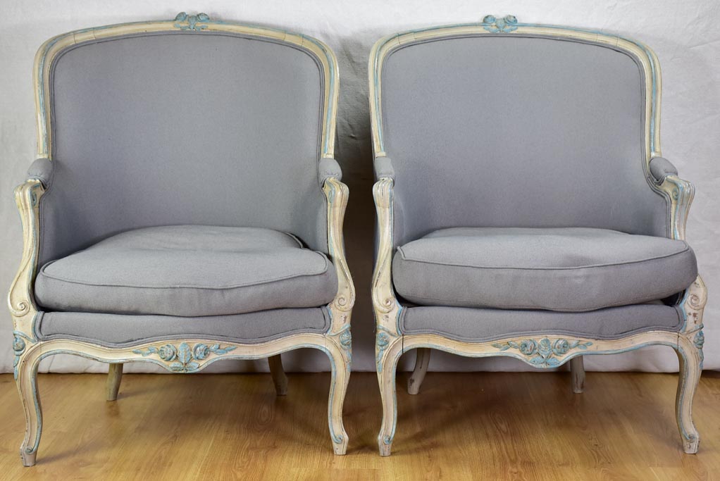 Pair of late nineteenth-century Louis XV style French Bergere armchairs