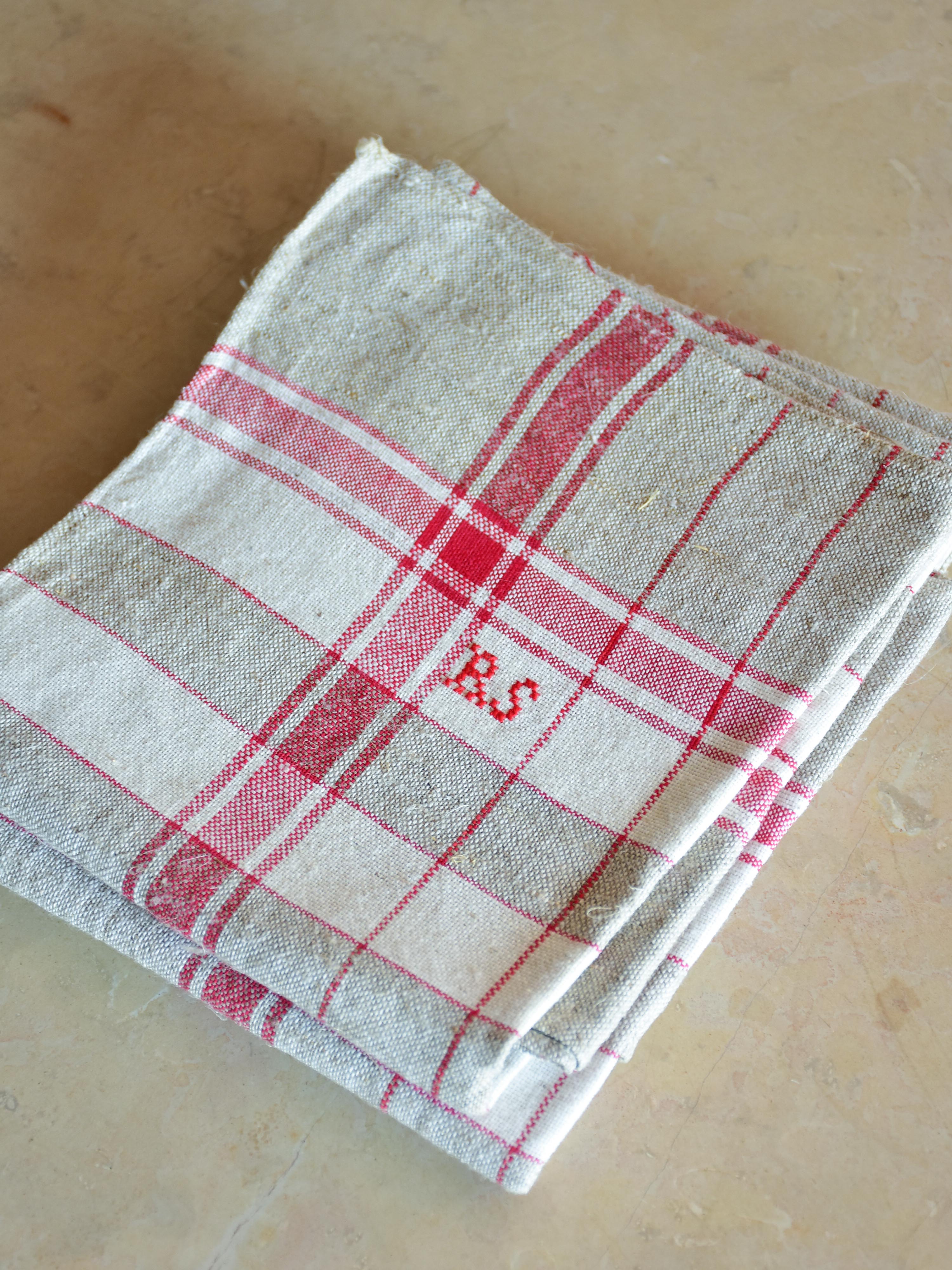 Large piece of checked French linen with 3 matching tea towels with RS monogram