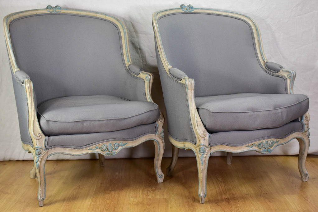 Pair of late nineteenth-century Louis XV style French Bergere armchairs