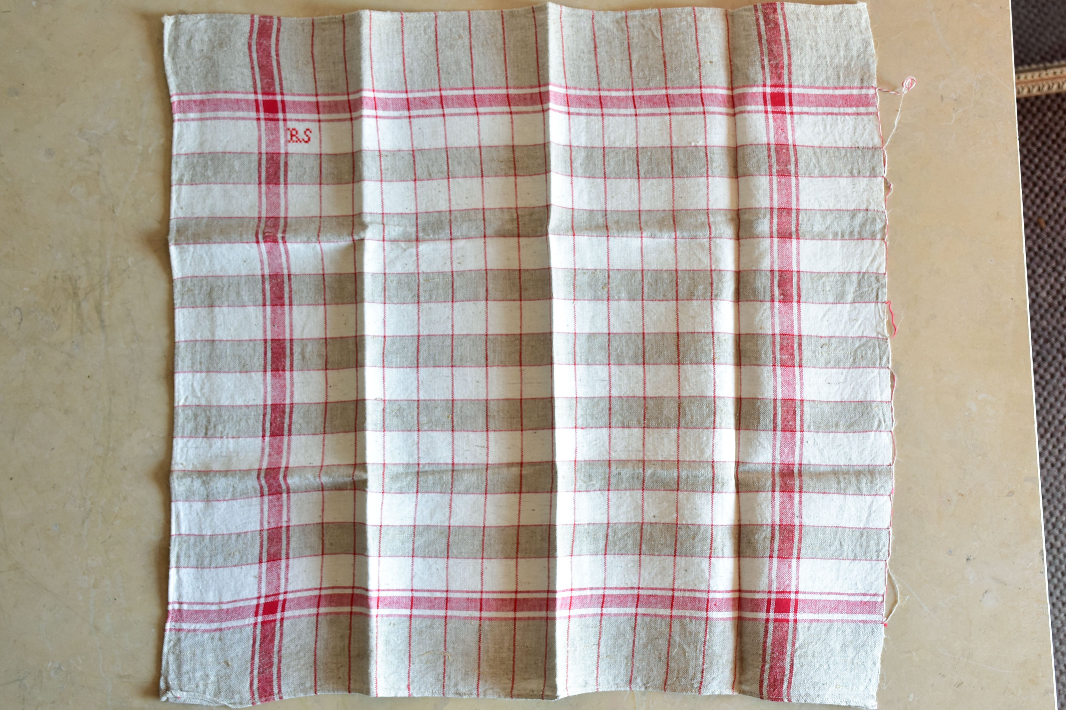 Large piece of checked French linen with 3 matching tea towels with RS monogram