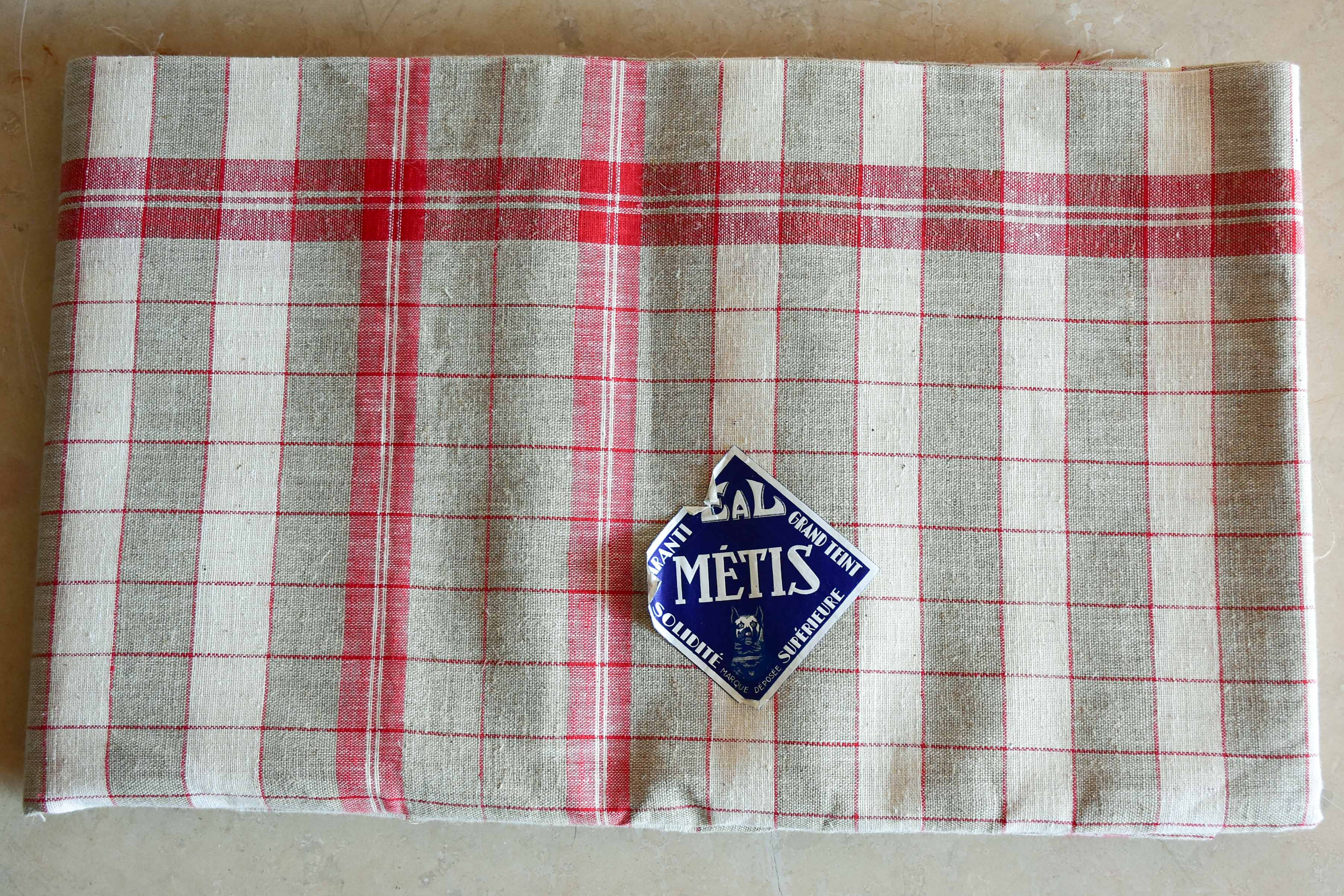 Large piece of checked French linen with 3 matching tea towels with RS monogram