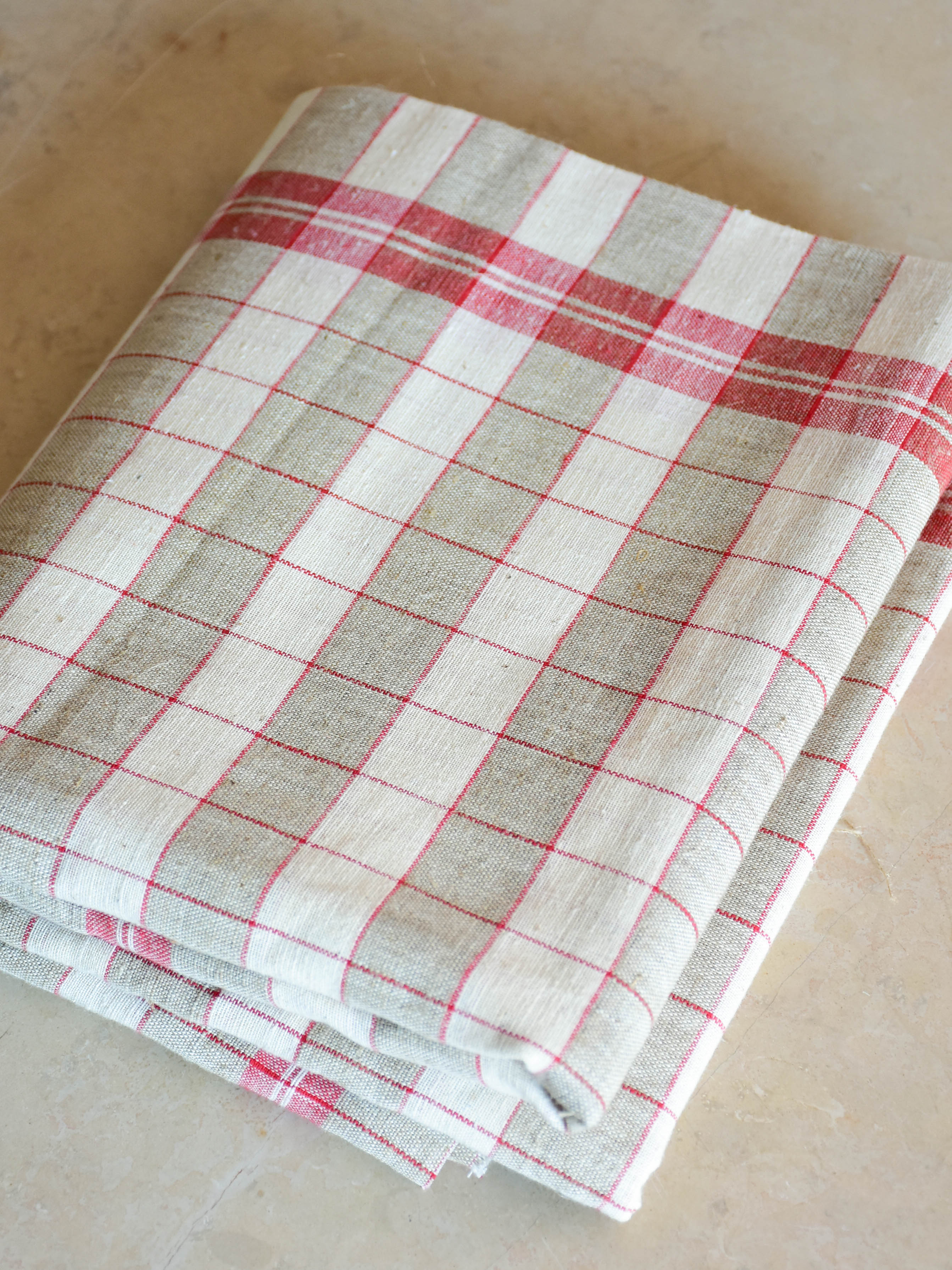 Large piece of checked French linen with 3 matching tea towels with RS monogram