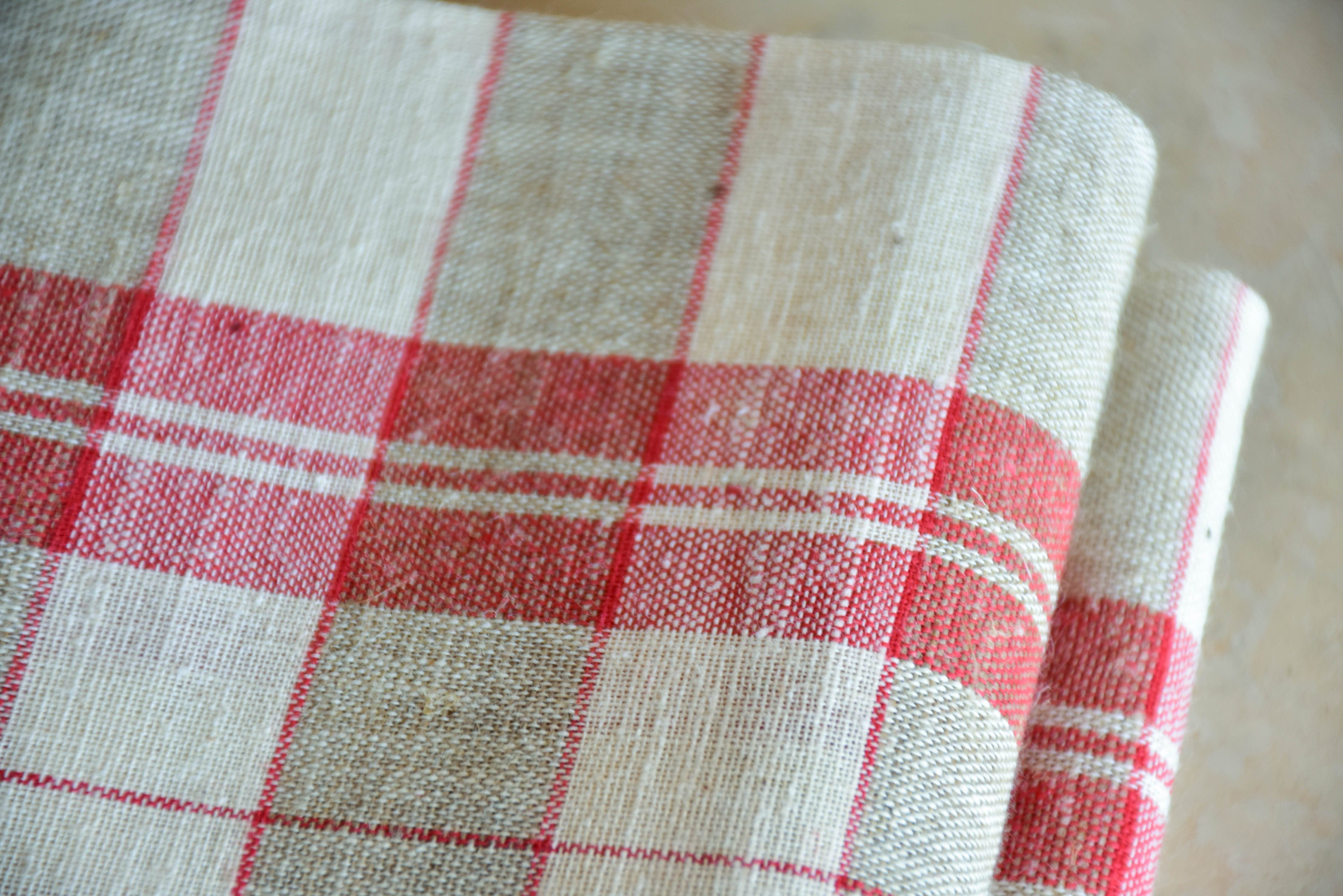 Large piece of checked French linen with 3 matching tea towels with RS monogram