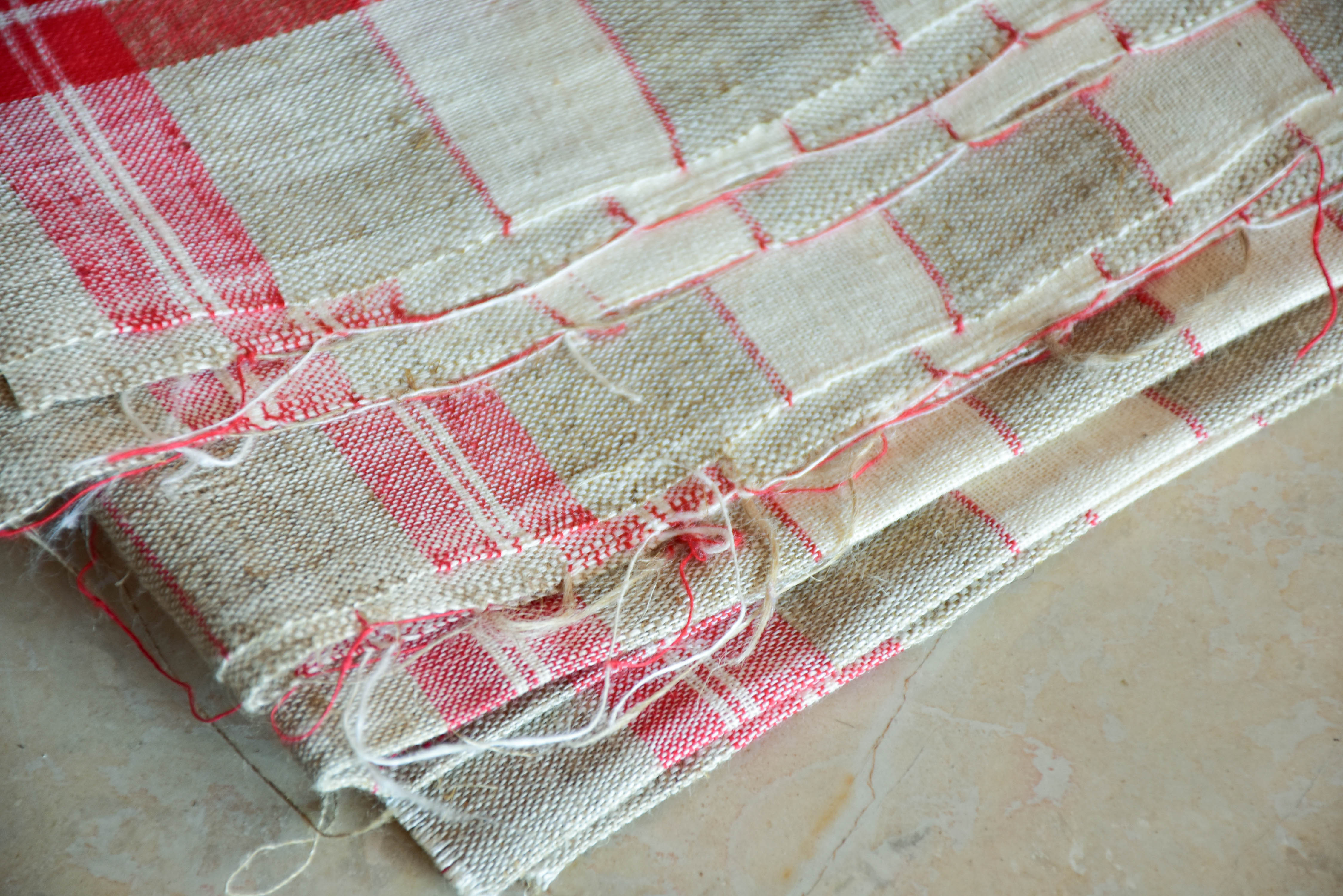 Large piece of checked French linen with 3 matching tea towels with RS monogram