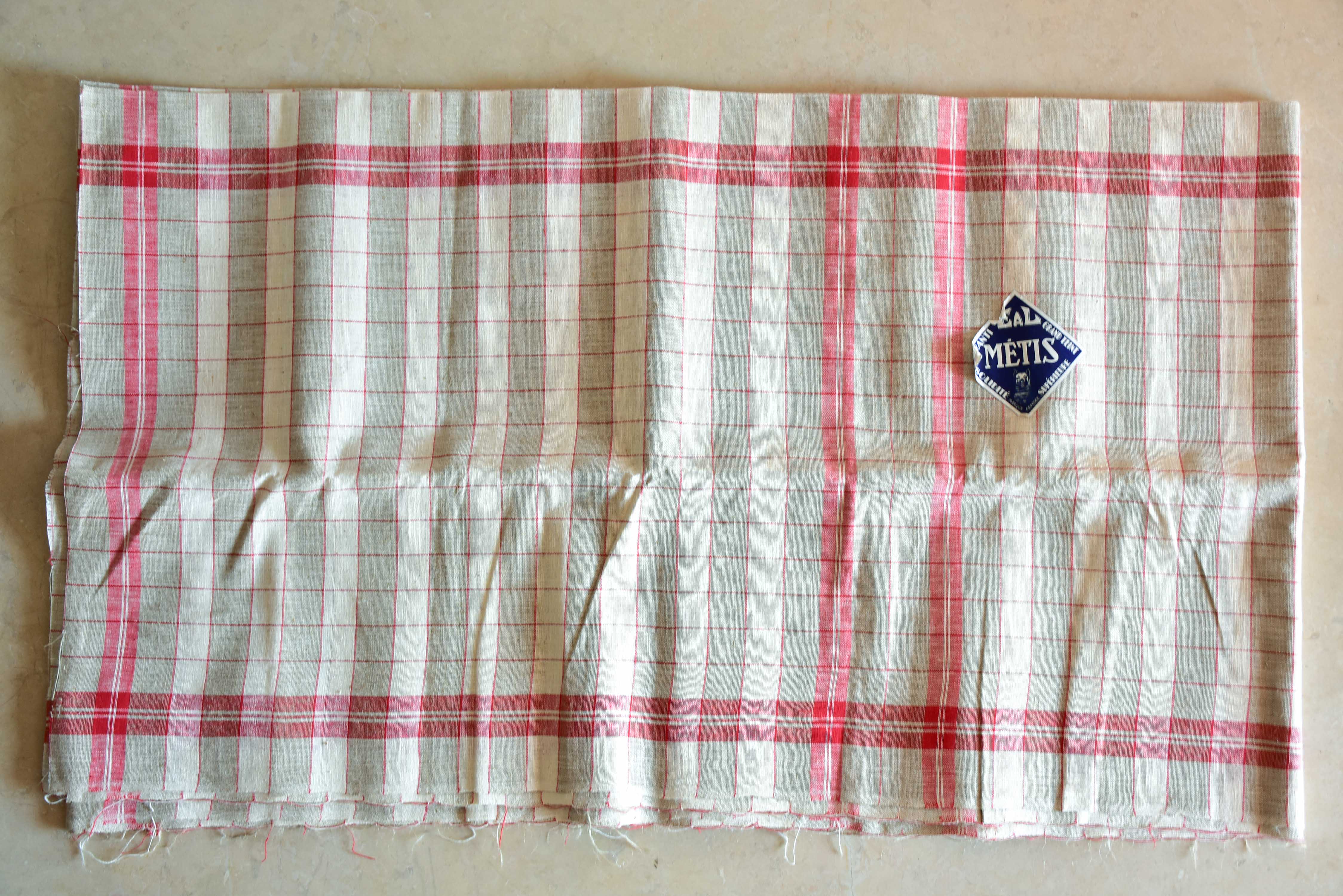 Large piece of checked French linen with 3 matching tea towels with RS monogram