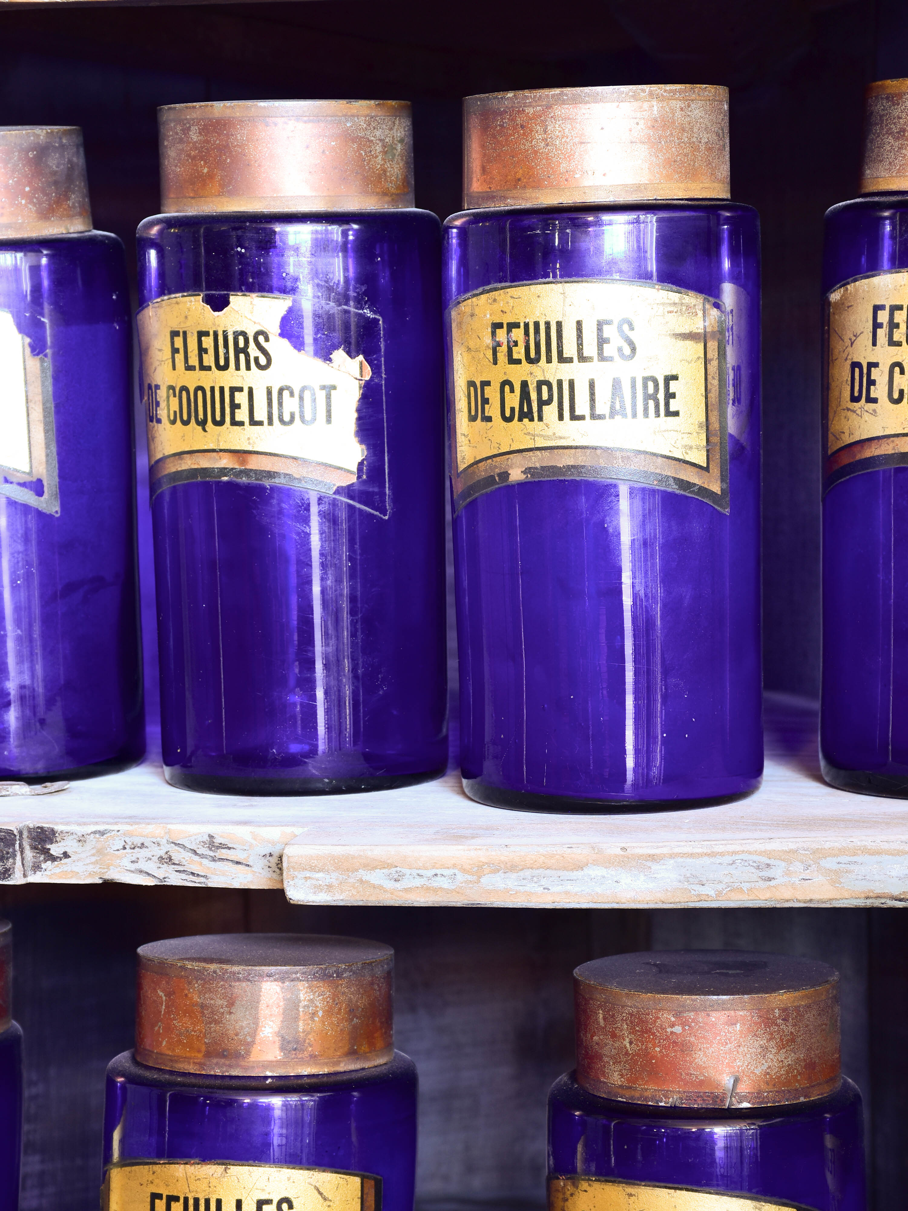 Collection of 14 antique French pharmacy jars with blue glass