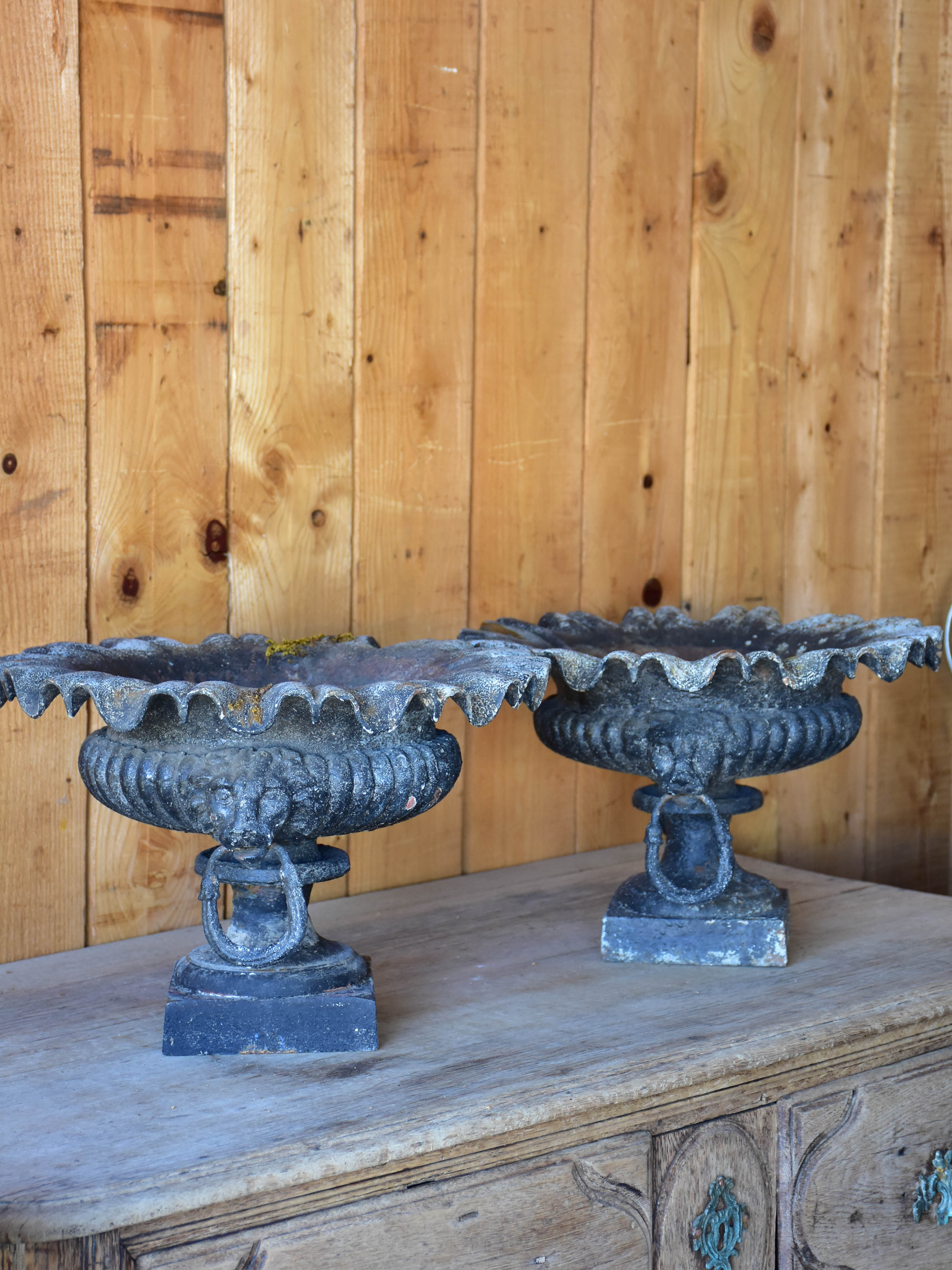 Pair of antique French garden planters with black patina