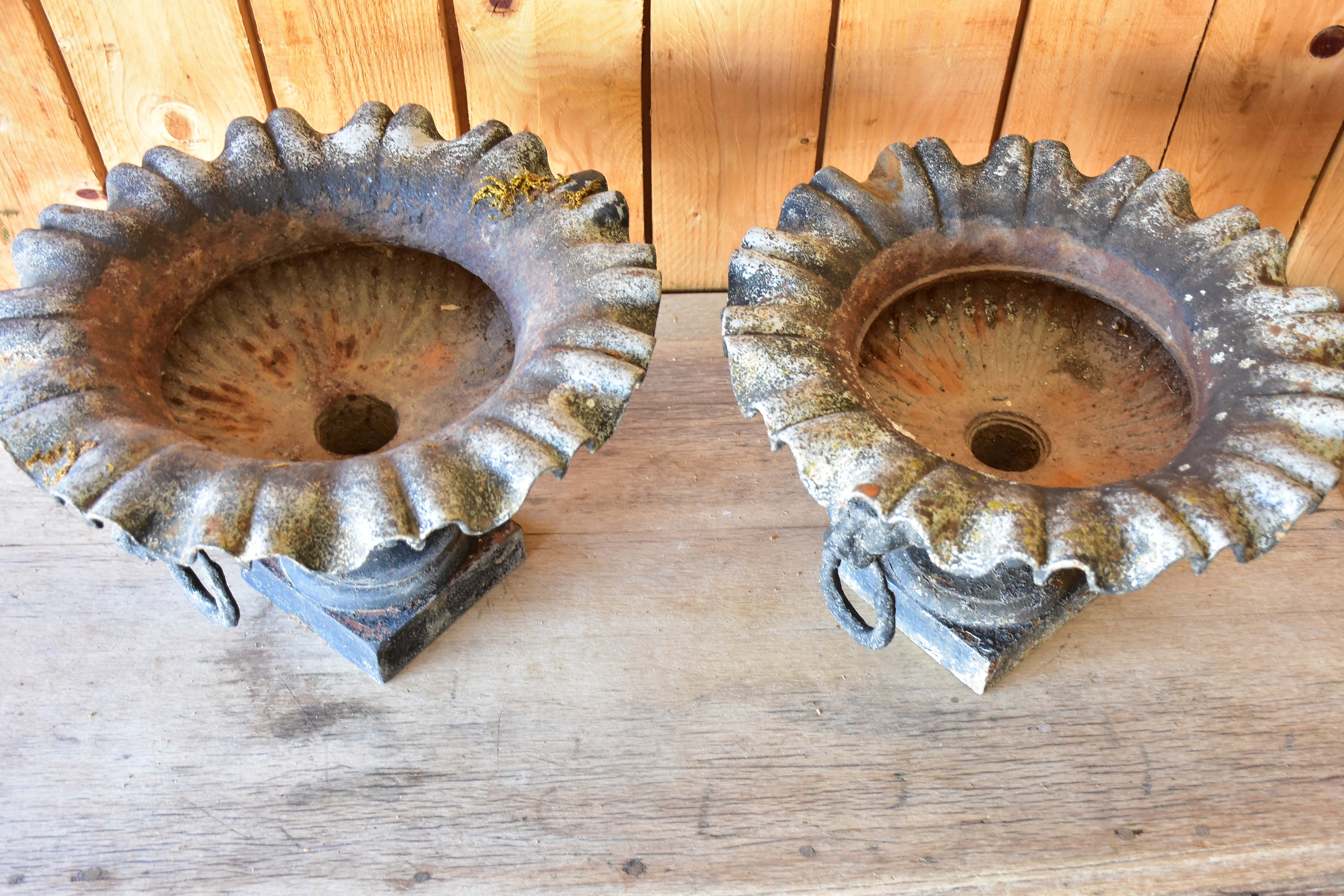 Pair of antique French garden planters with black patina