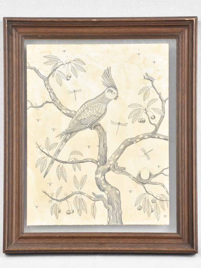 Andrea Collesano drawing - crested bird in cherry tree 21¾" x 17¾"