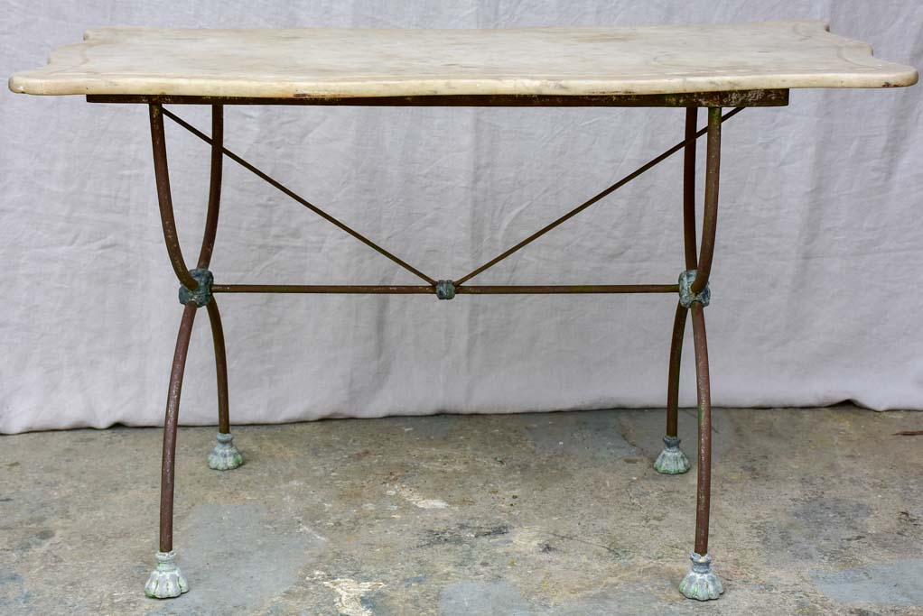 Antique French rectangular garden table with pretty feet and curved marble top 44" x 22½"