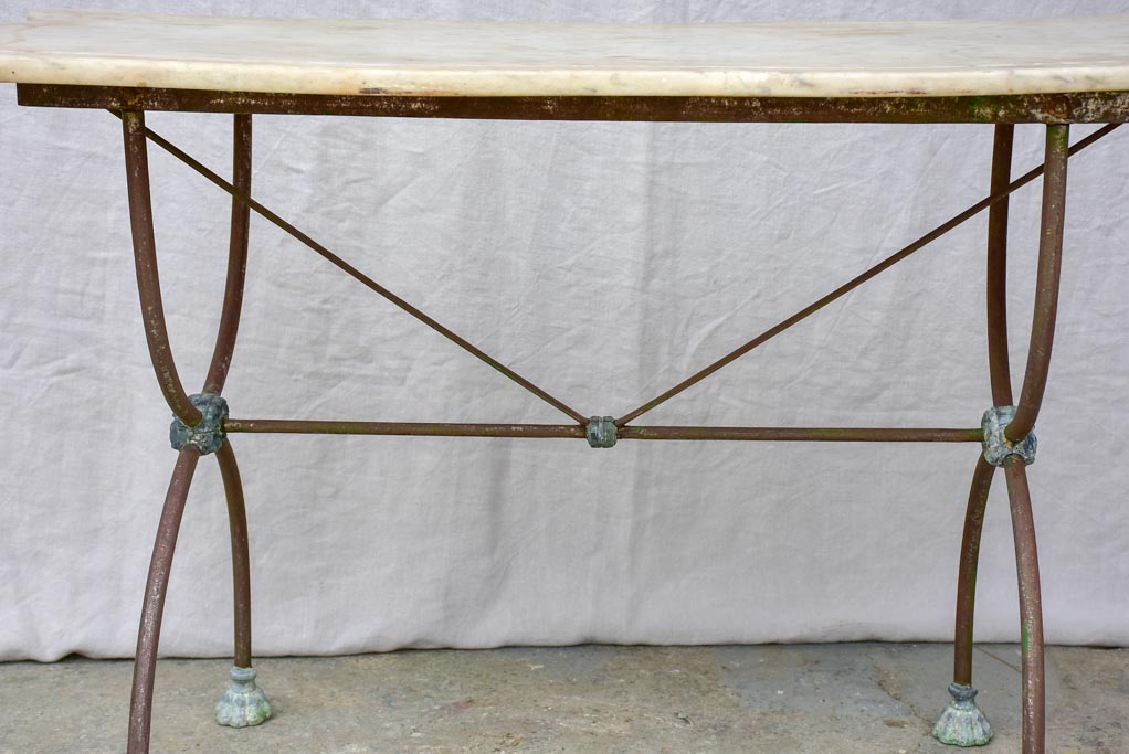 Antique French rectangular garden table with pretty feet and curved marble top 44" x 22½"