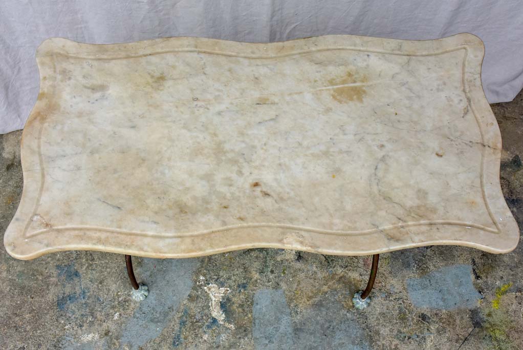 Antique French rectangular garden table with pretty feet and curved marble top 44" x 22½"