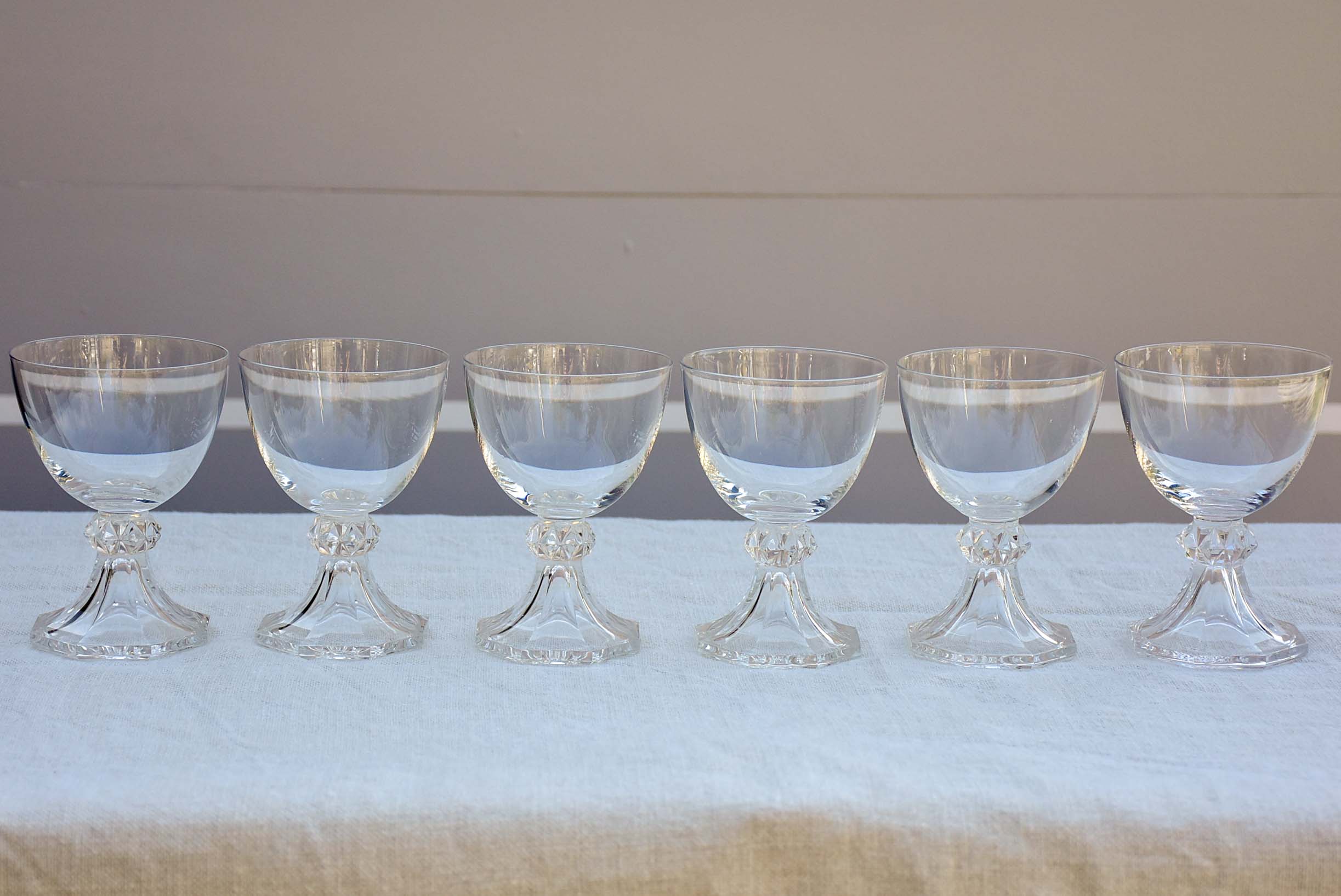 Six vintage crystal white wine glasses