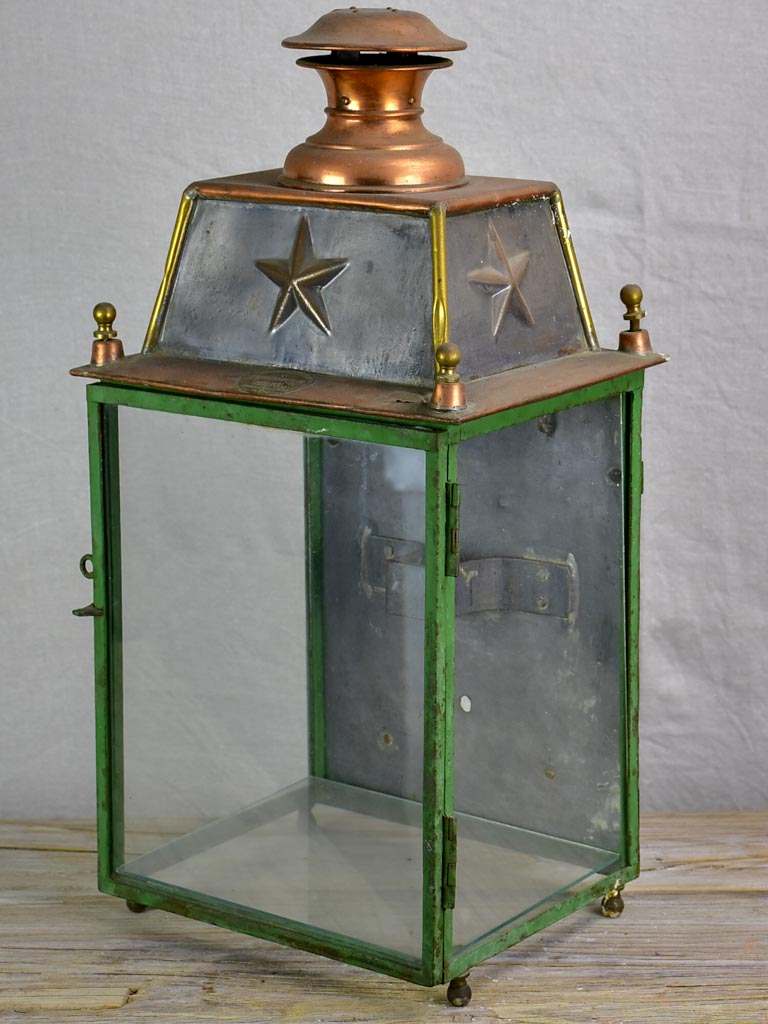 19th Century French wall lantern - copper and green frame 22½"