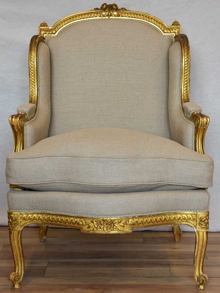 Fully restored Napoleon III wingback armchair with giltwood frame