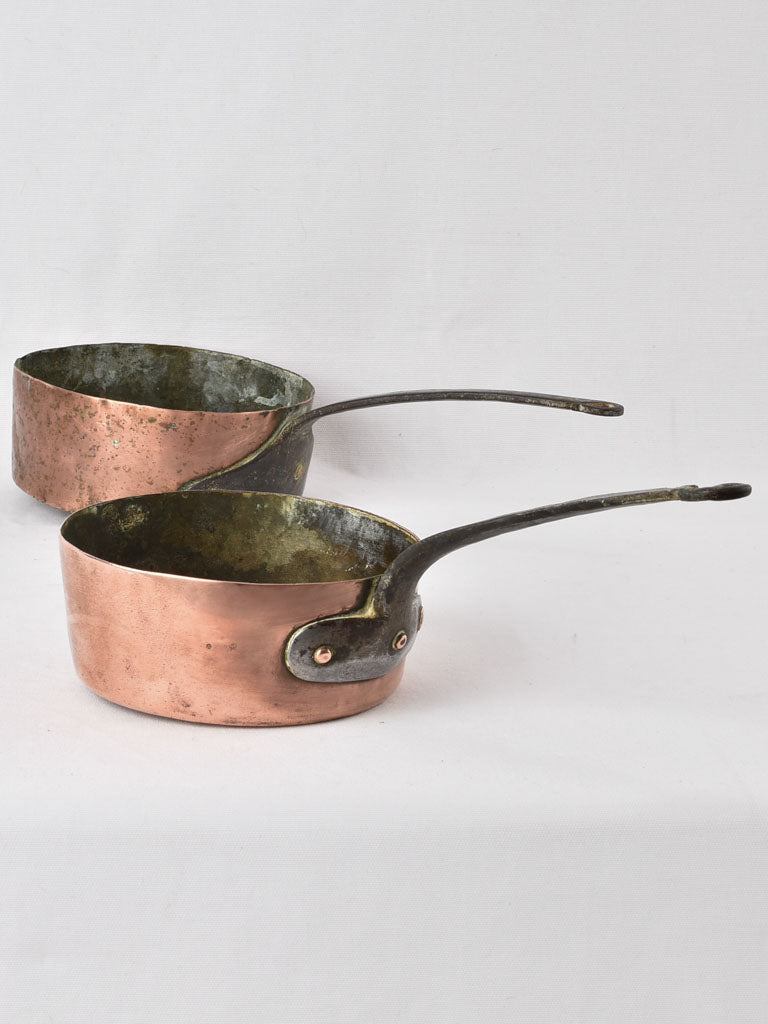 2 antique French copper saucepans