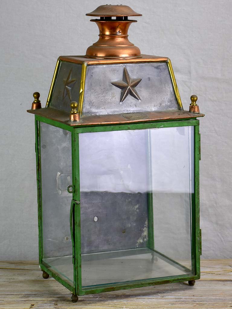 19th Century French wall lantern - copper and green frame 22½"