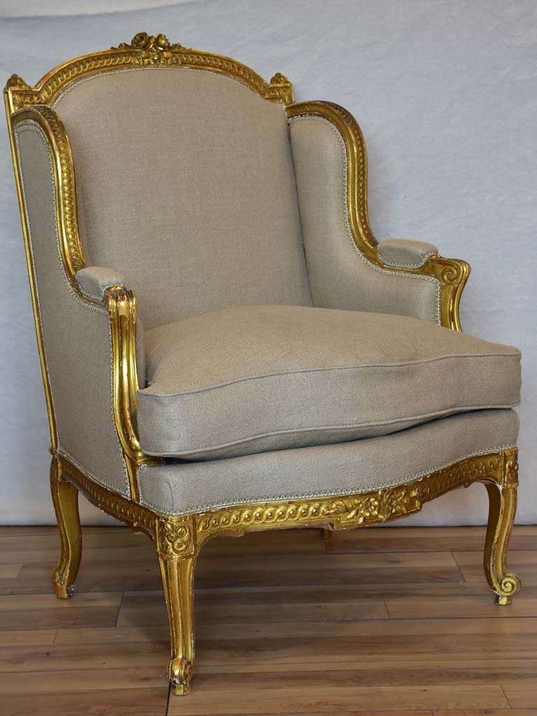 Fully restored Napoleon III wingback armchair with giltwood frame