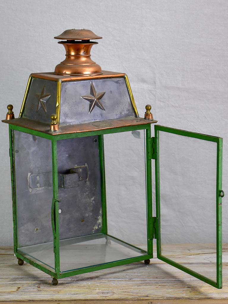 19th Century French wall lantern - copper and green frame 22½"