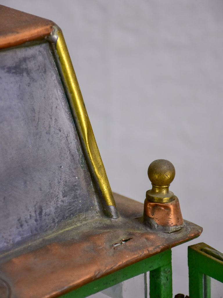 19th Century French wall lantern - copper and green frame 22½"