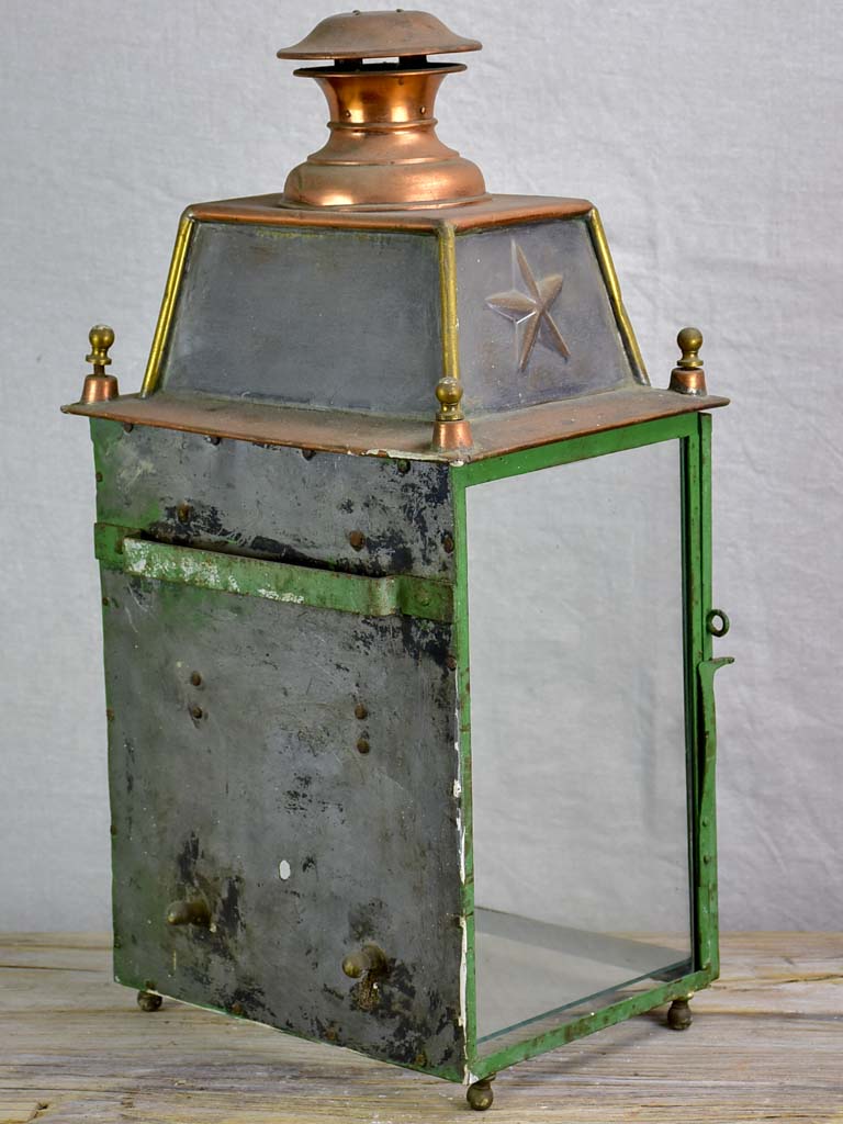 19th Century French wall lantern - copper and green frame 22½"