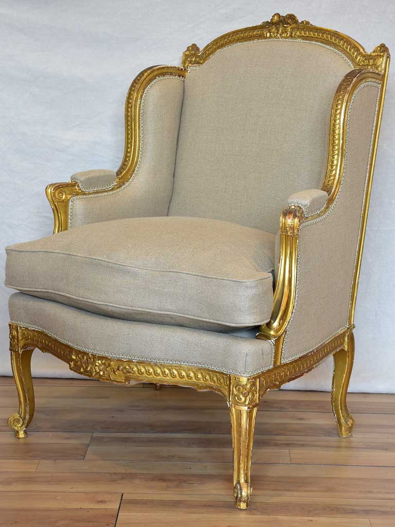 Fully restored Napoleon III wingback armchair with giltwood frame