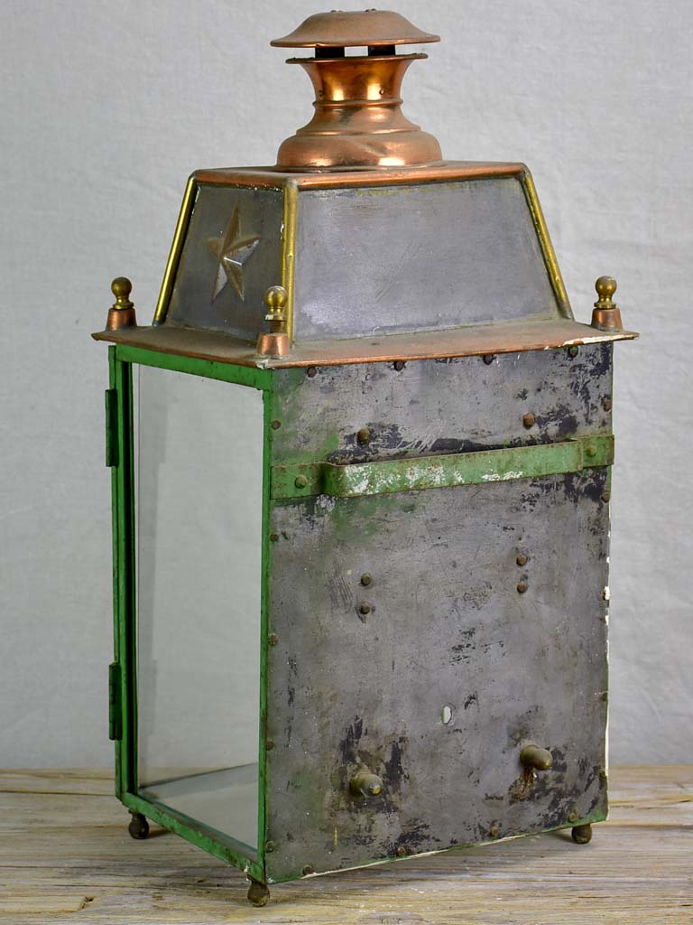 19th Century French wall lantern - copper and green frame 22½"