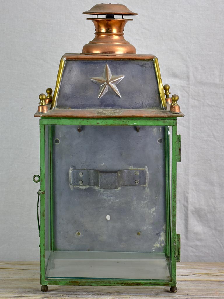 19th Century French wall lantern - copper and green frame 22½"