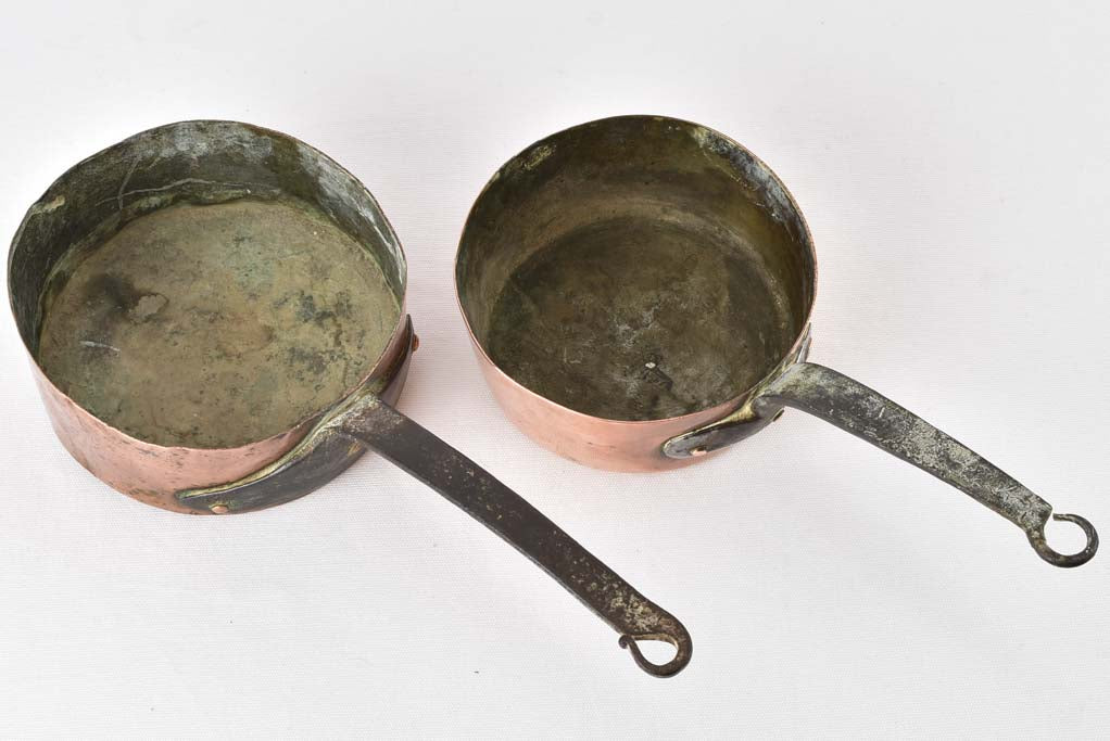 2 antique French copper saucepans