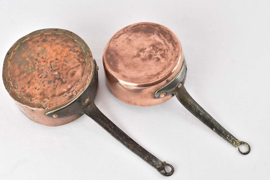 2 antique French copper saucepans