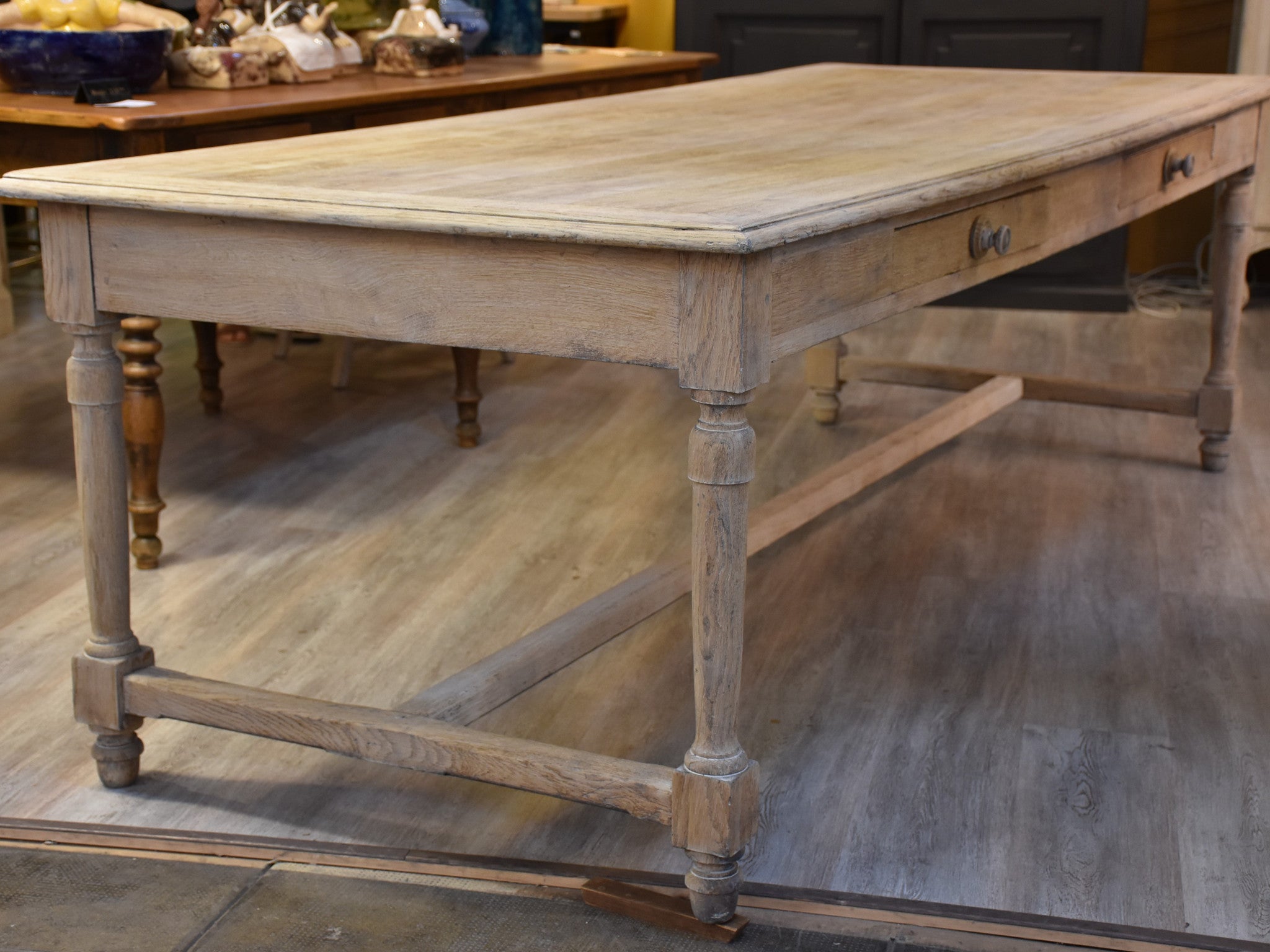 Dining table, large, stripped oak, 19th-century