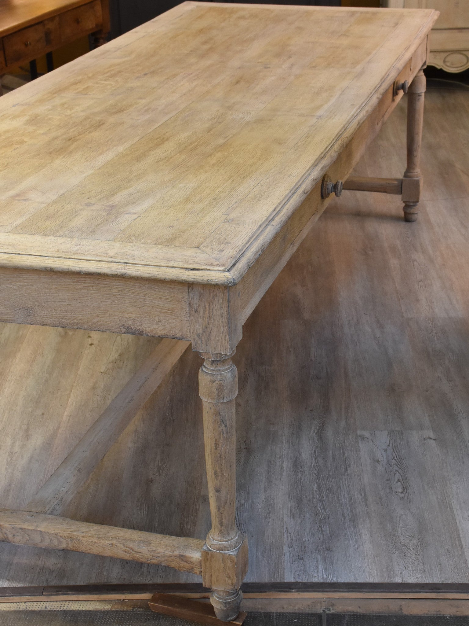 Dining table, large, stripped oak, 19th-century