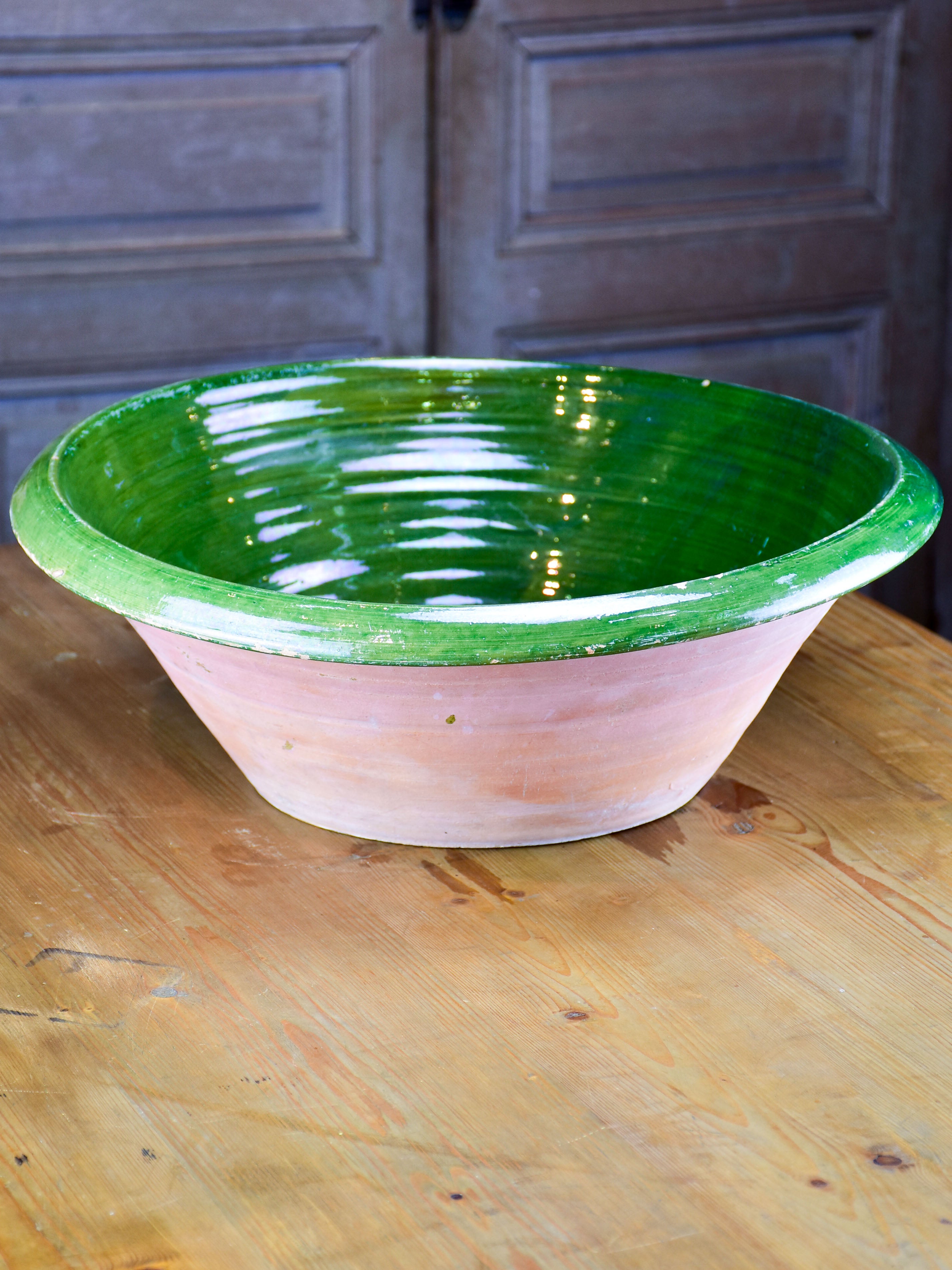 Vintage French preserving bowl with green glaze