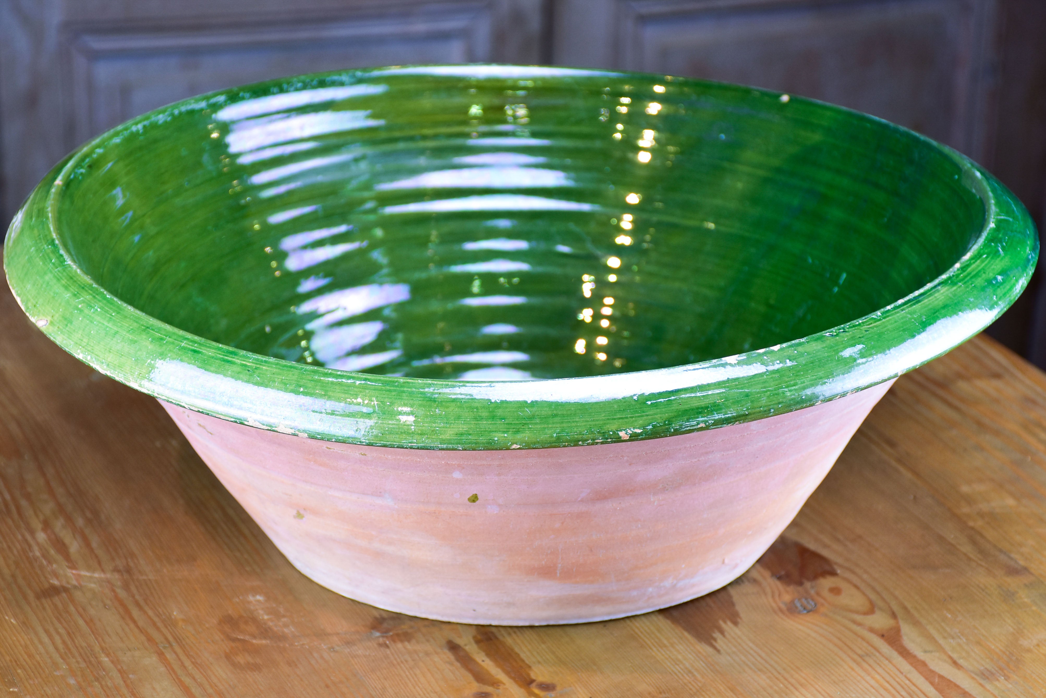 Vintage French preserving bowl with green glaze