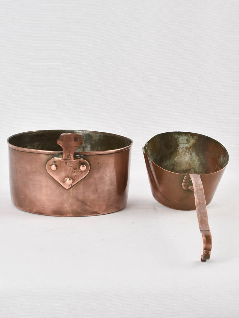 2 antique French copper pots - pourer & saucepan