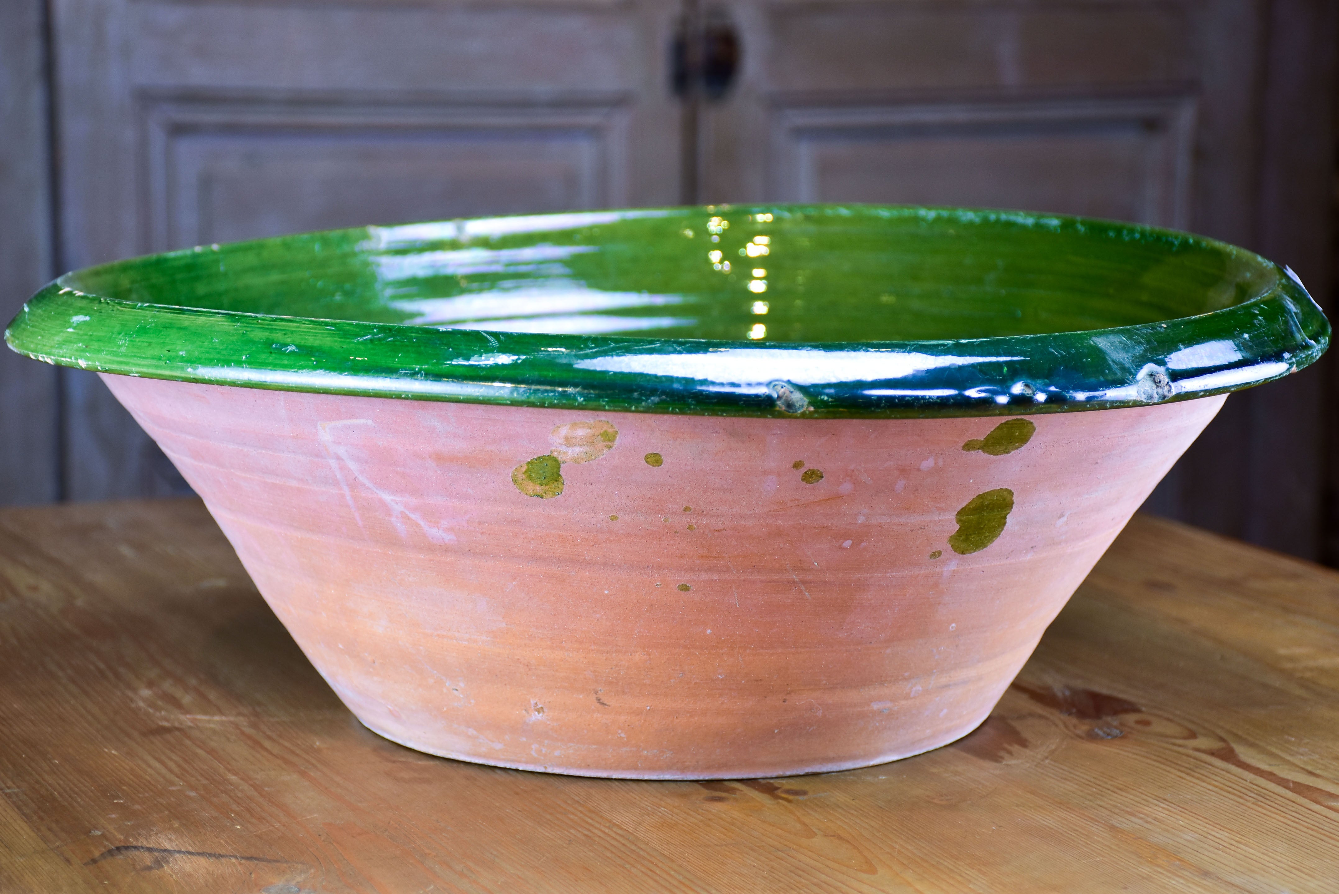 Vintage French preserving bowl with green glaze