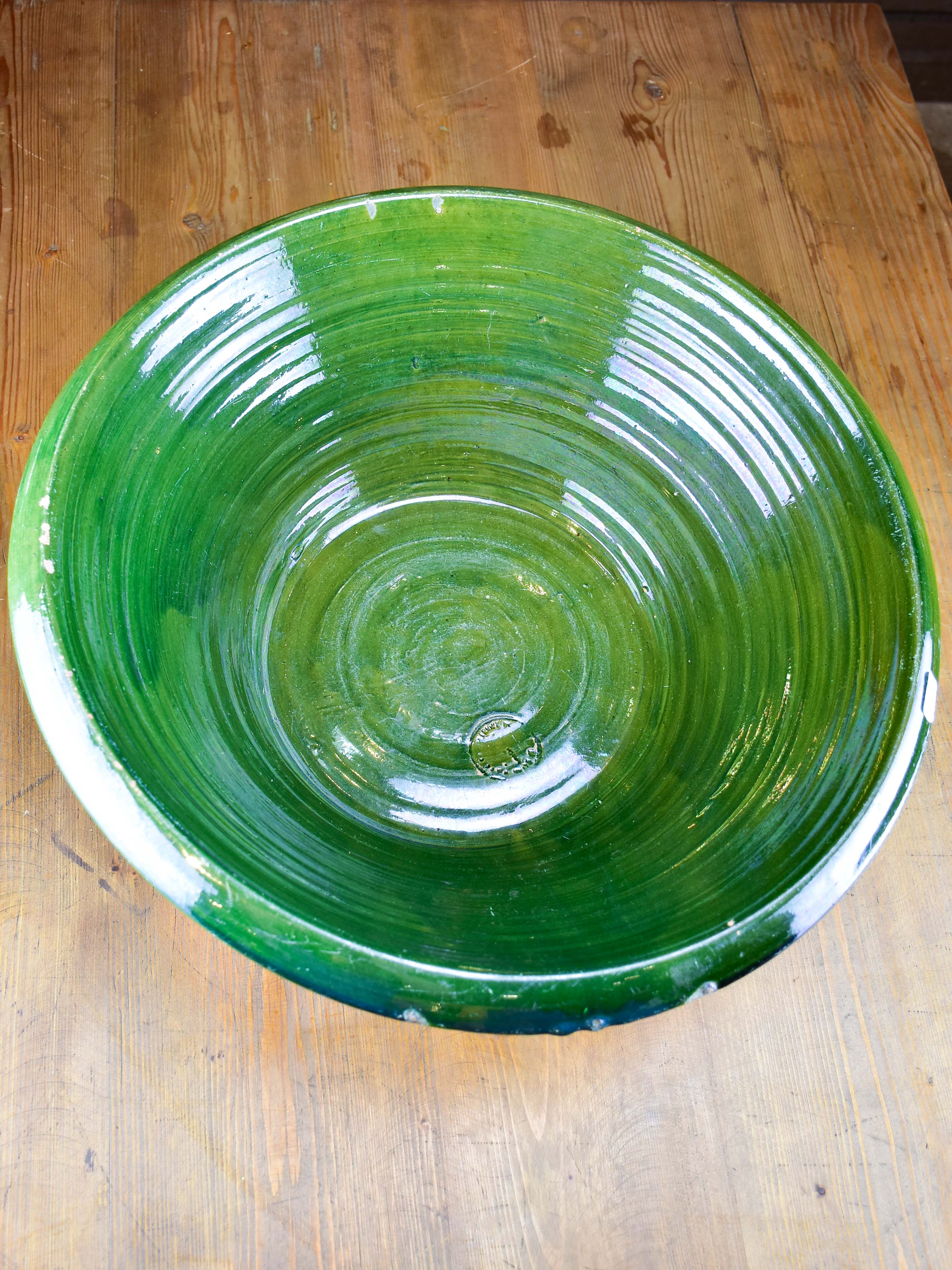 Vintage French preserving bowl with green glaze