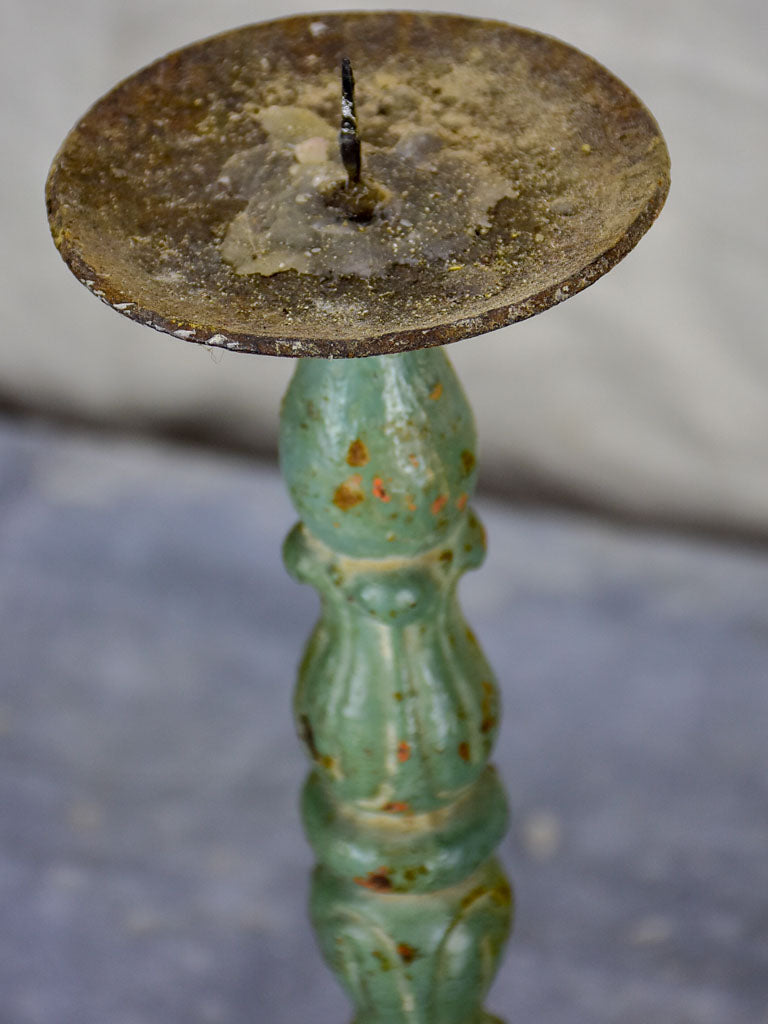 Three antique French candlesticks made from salvaged spindles